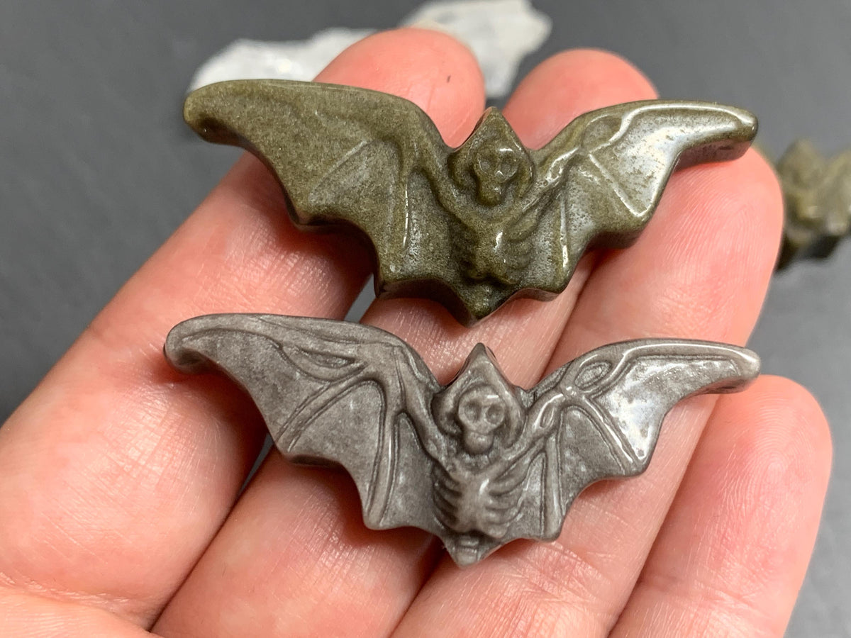 Obsidian Bat Carving, Natural Silver Gold Flat Back Gem - 50x20mm