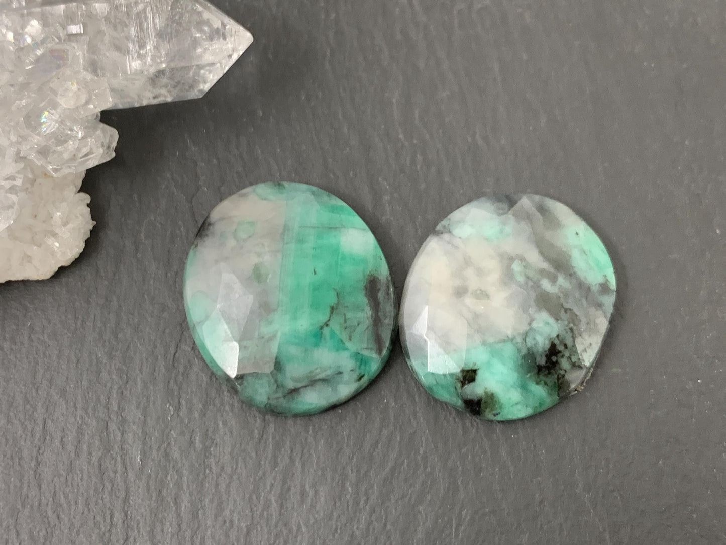 Faceted Emerald Pair 19x21x5mm Cabochons