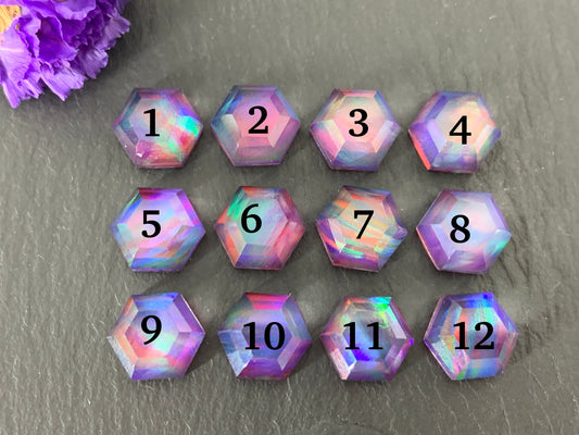 Faceted Aurora Opal hexagon 9mm cabochon - Doublet cabochons