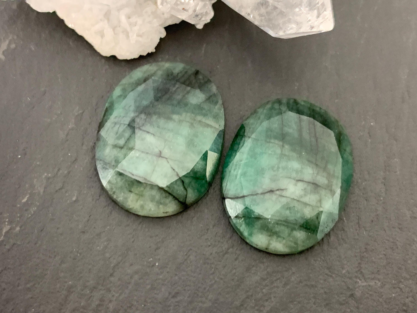 Faceted Emerald Pair 15x19x3.5mm cabochon