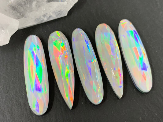 Faceted Mystic Rainbow Quartz pear, oval 8x30mm cabochon doublet
