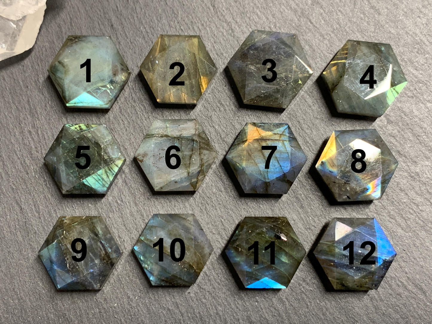 Labradorite hexagon 18mm faceted from both sides - not a cabochon