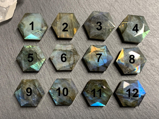 Labradorite hexagon 18mm faceted from both sides - not a cabochon