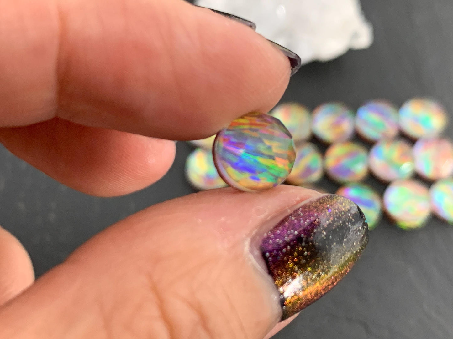 Faceted Aurora Opal round 8mm cabochon - Doublet cabochons