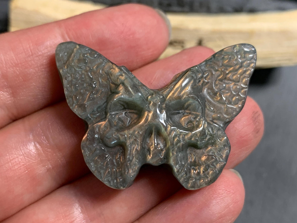Labradorite Ghost Face Butterfly 41x29mm Flat Back Carving, Natural Labradorite, Handcrafted Crystal Jewelry