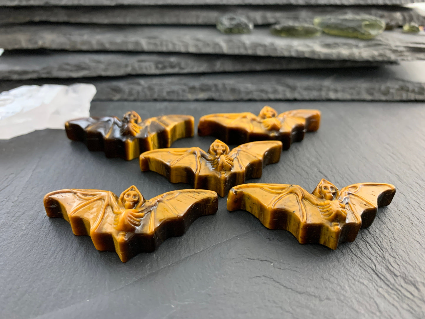 Tiger Eye skeleton bat cabochon carving