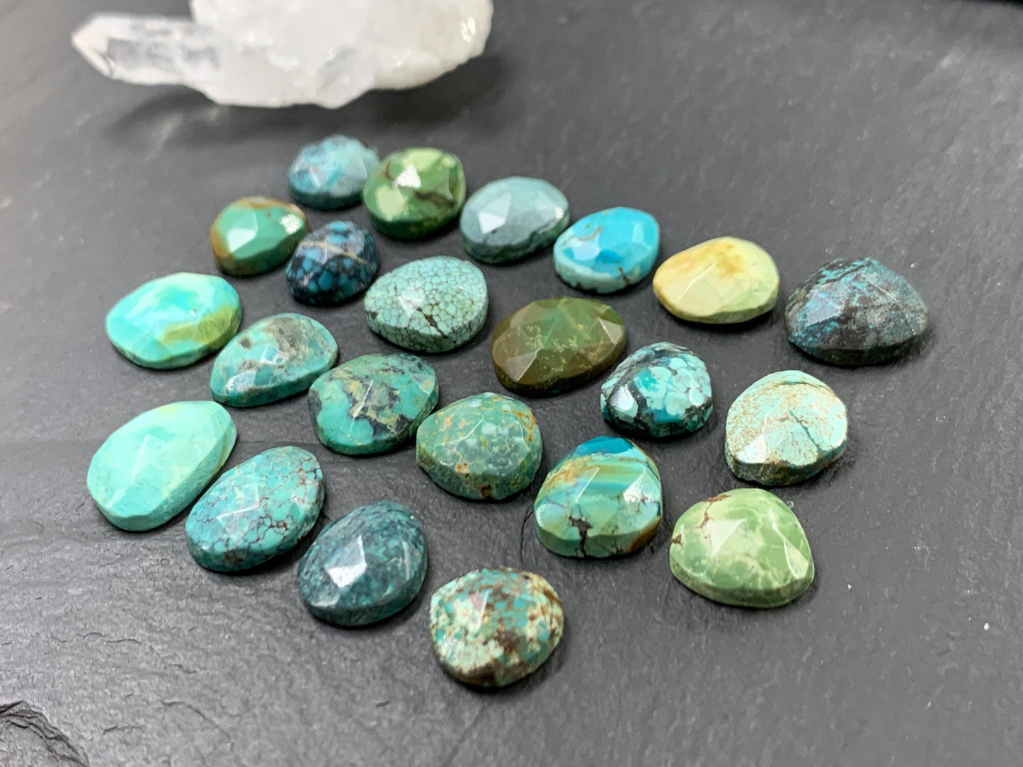 Faceted Tibetan Turquoise Pair long Cabochon - Hand Cut Cabochon