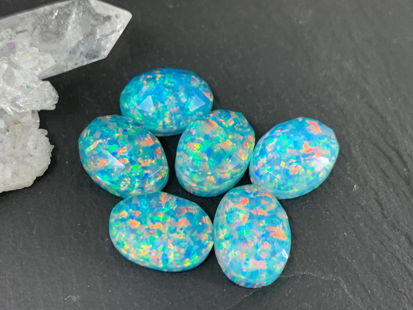 Faceted Aurora Opal oval 10x14mm cabochons - Blue Glittery Cabochons - Doublet cabochons