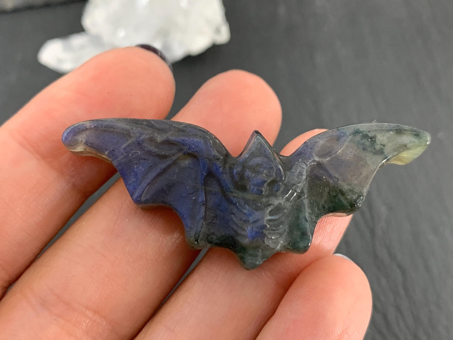 Labradorite skeleton bat 19x49mm flat back carving
