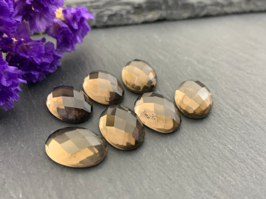 Faceted Smokey quartz oval 10x14mm cabochon - Calibrated cabochons