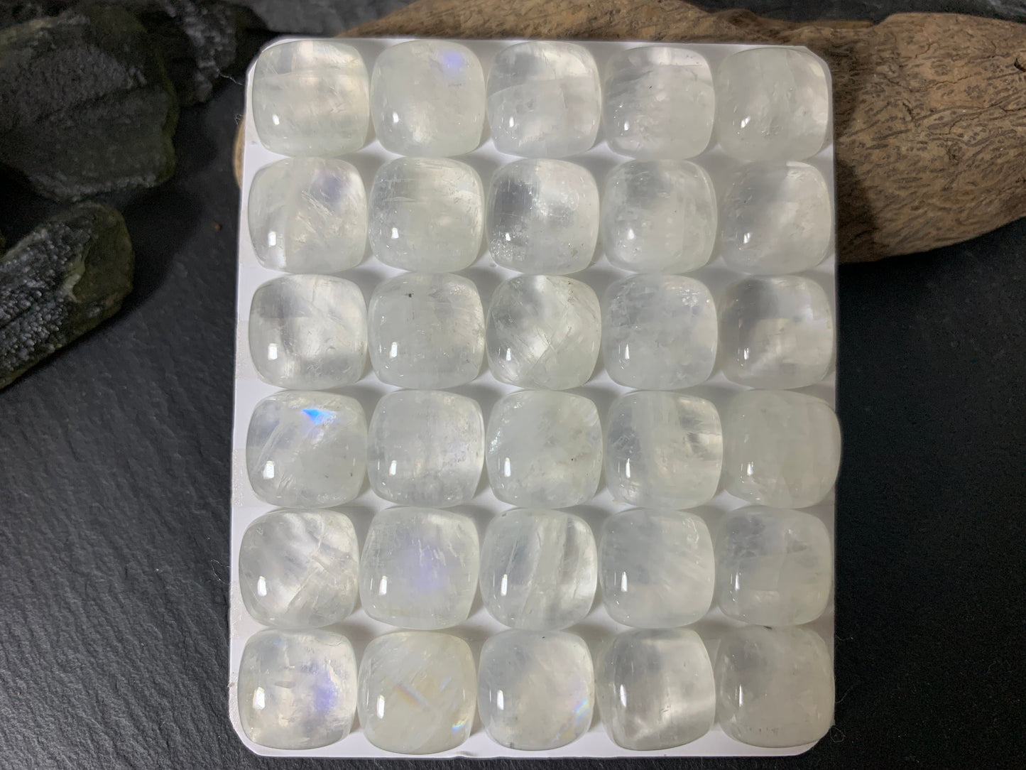 Rainbow Moonstone square cushion 12mm cabochon - Calibrated cabochons