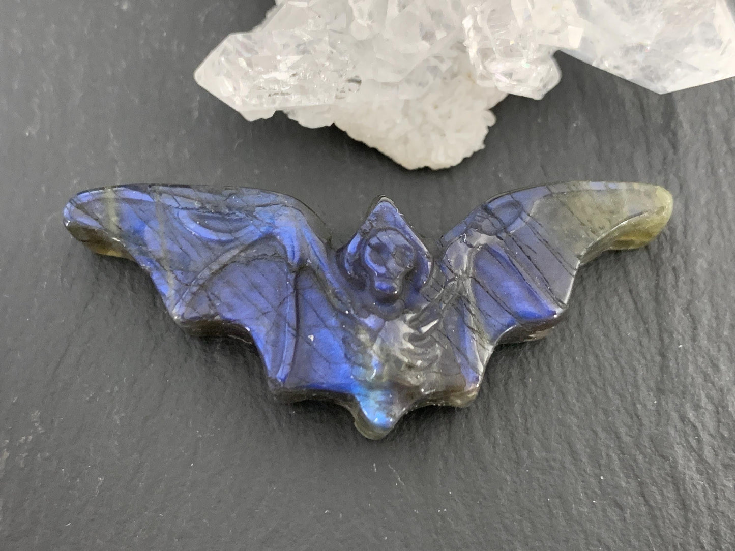 Labradorite skeleton bat 20x47mm flat back carving