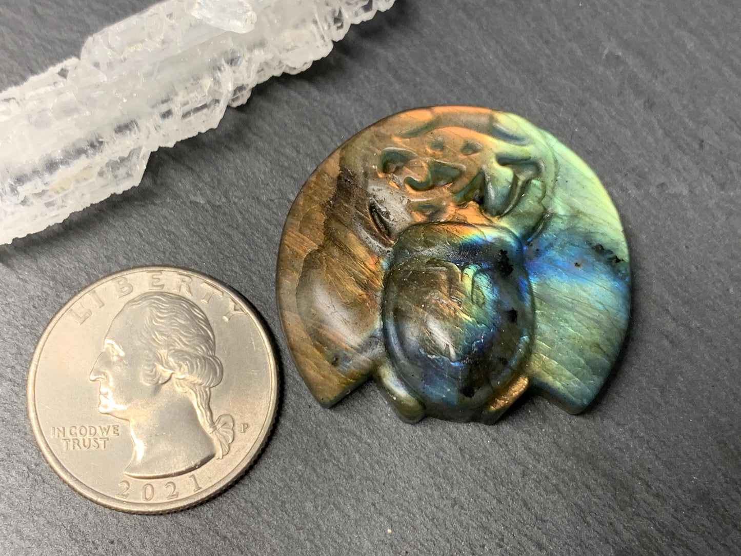 Labradorite Scarab Carving: Ancient Egyptian Eye of Horus Symbol of Protection (34x31mm)