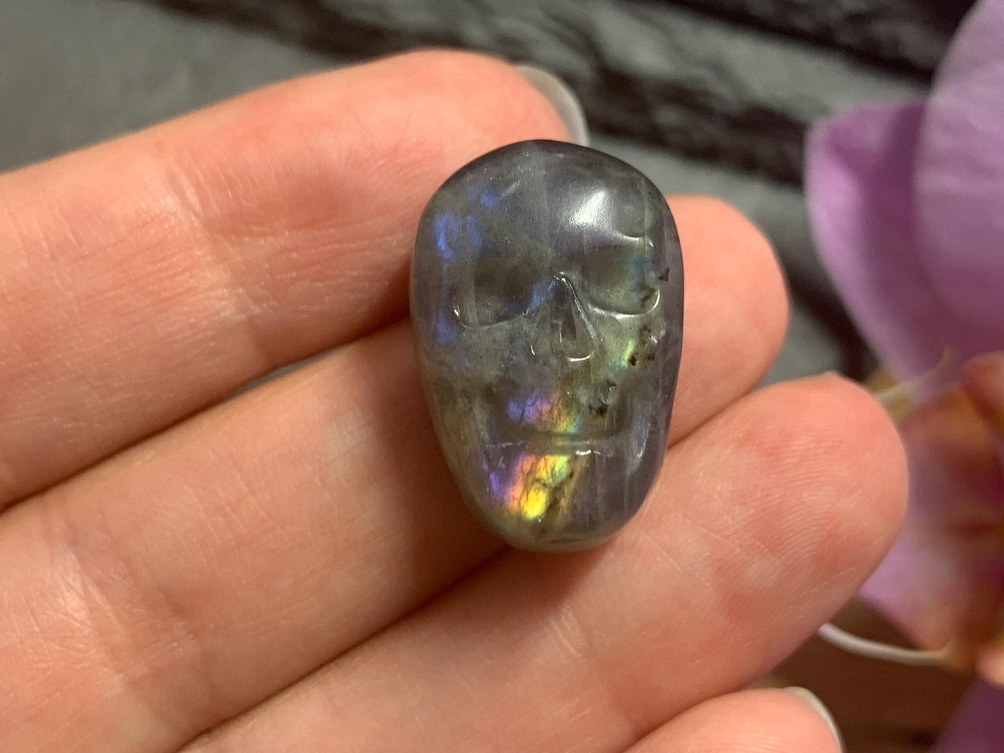 Labradorite Skull Carving | Rainbow Flash Crystal Skull Decor