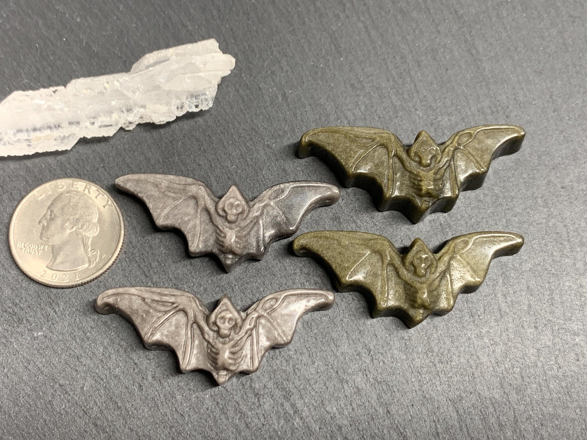 Obsidian Bat Carving, Natural Silver Gold Flat Back Gem - 50x20mm
