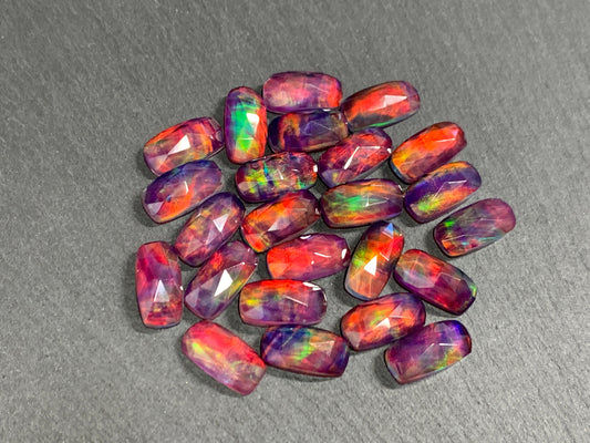 Faceted  Aurora Opal rectangle 7x14mm cabochon  - Doublet cabochons