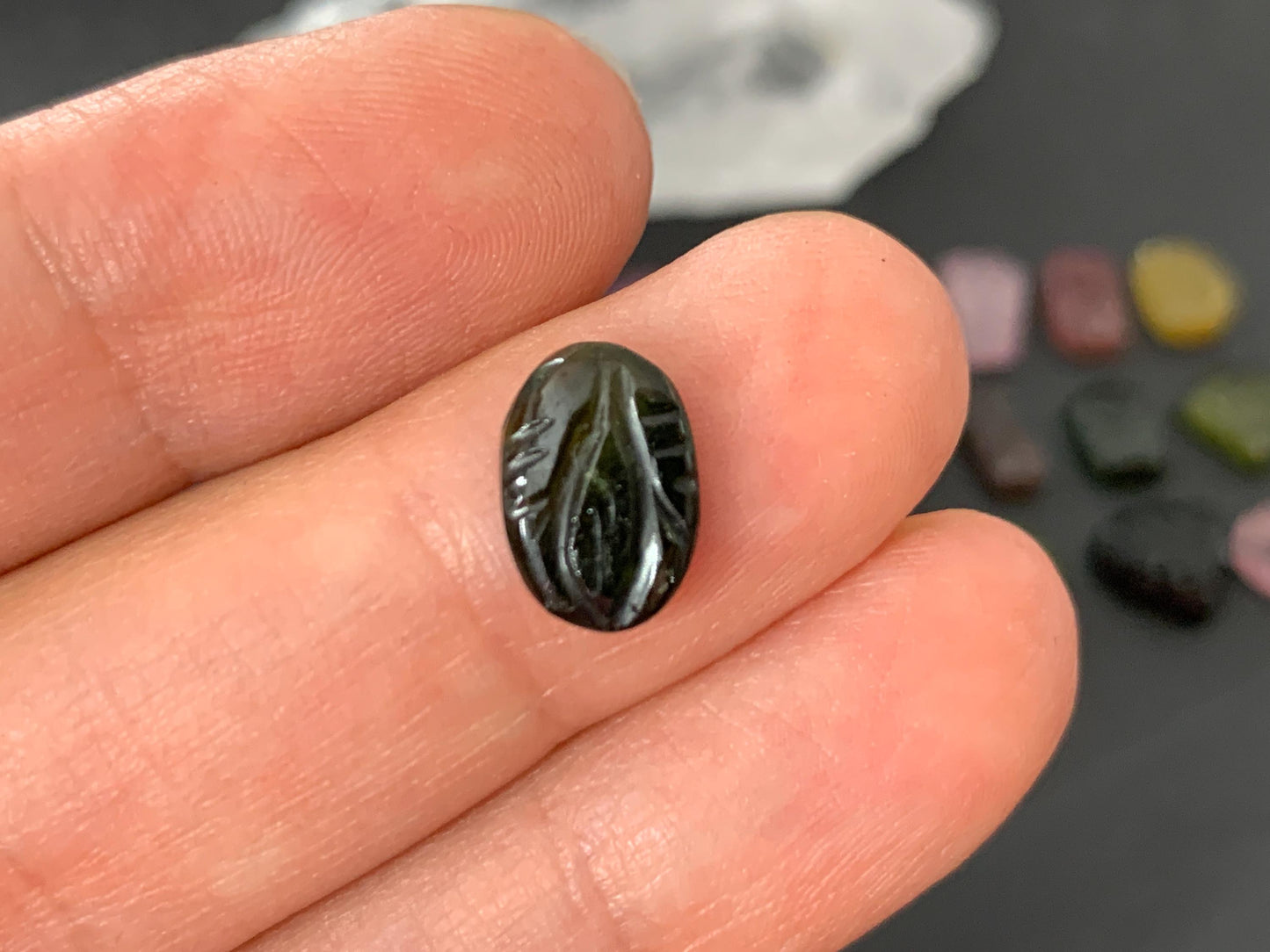 Carved Tourmaline free form 8-9mm long cabochon