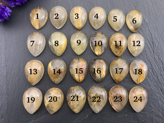 Gold Rutilated Quartz pear 12x16mm cabochon - Calibrated cabochons