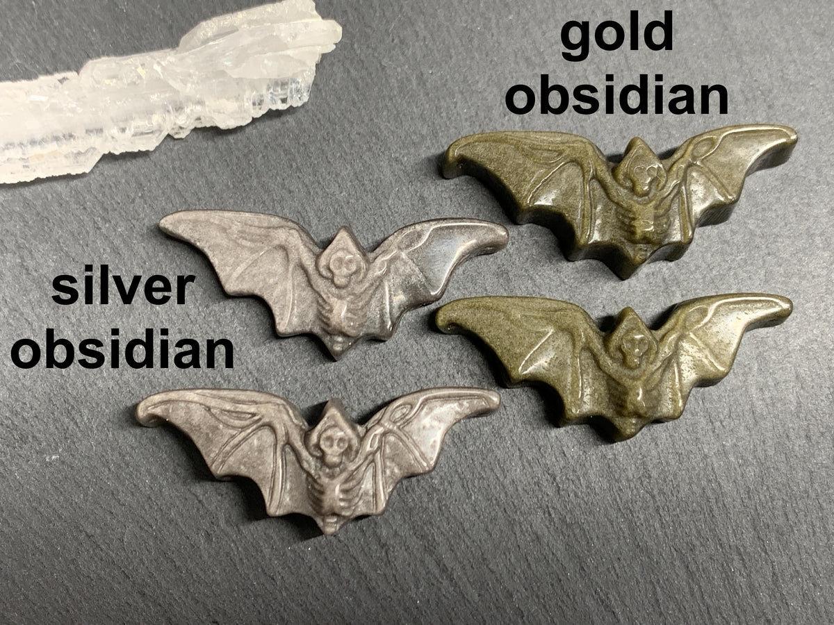 Obsidian Bat Carving, Natural Silver Gold Flat Back Gem - 50x20mm