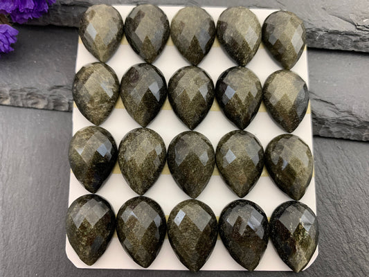 Faceted Gold Obsidian pear 13x18mm cabochon - Calibrated cabochons