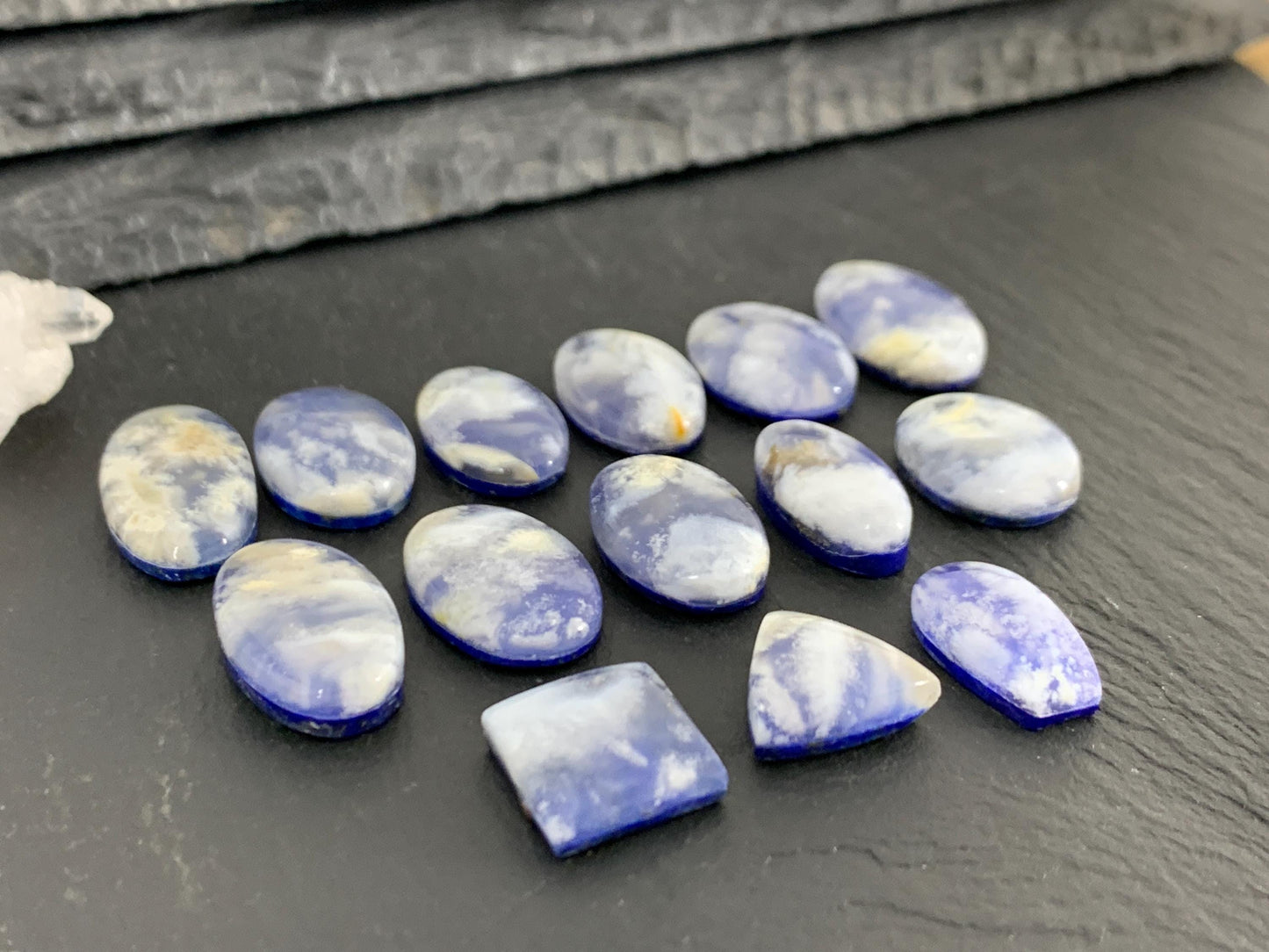 Lapis Lazuli with Plume Agate Doublet 12-21mm long cabochon - Select your piece