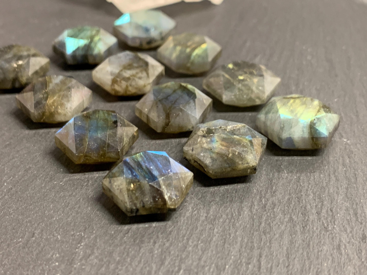 Labradorite hexagon 18mm faceted from both sides - not a cabochon