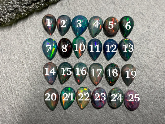 Black Ethiopian Opal pear 8-9mm long cabochon