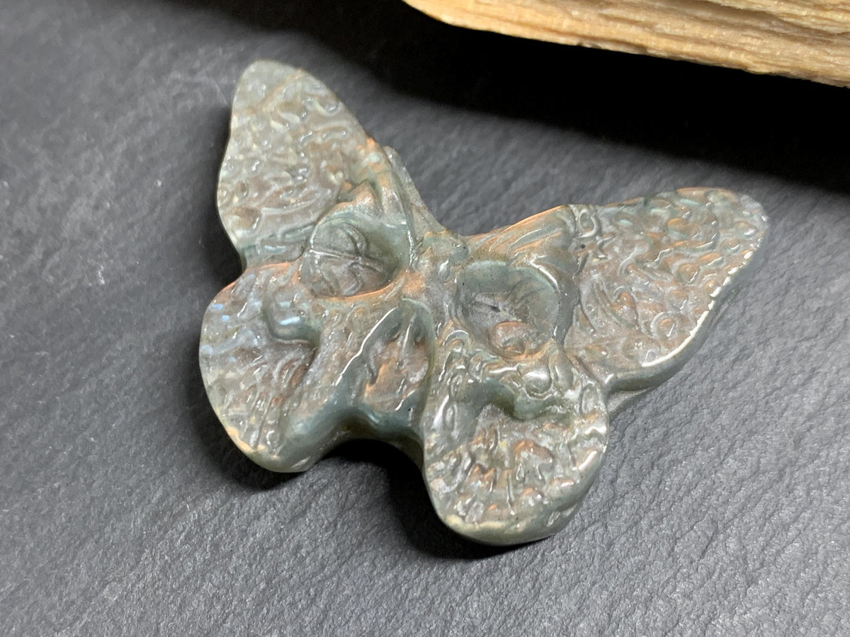 Labradorite Ghost Face Butterfly 41x29mm Flat Back Carving, Natural Labradorite, Handcrafted Crystal Jewelry