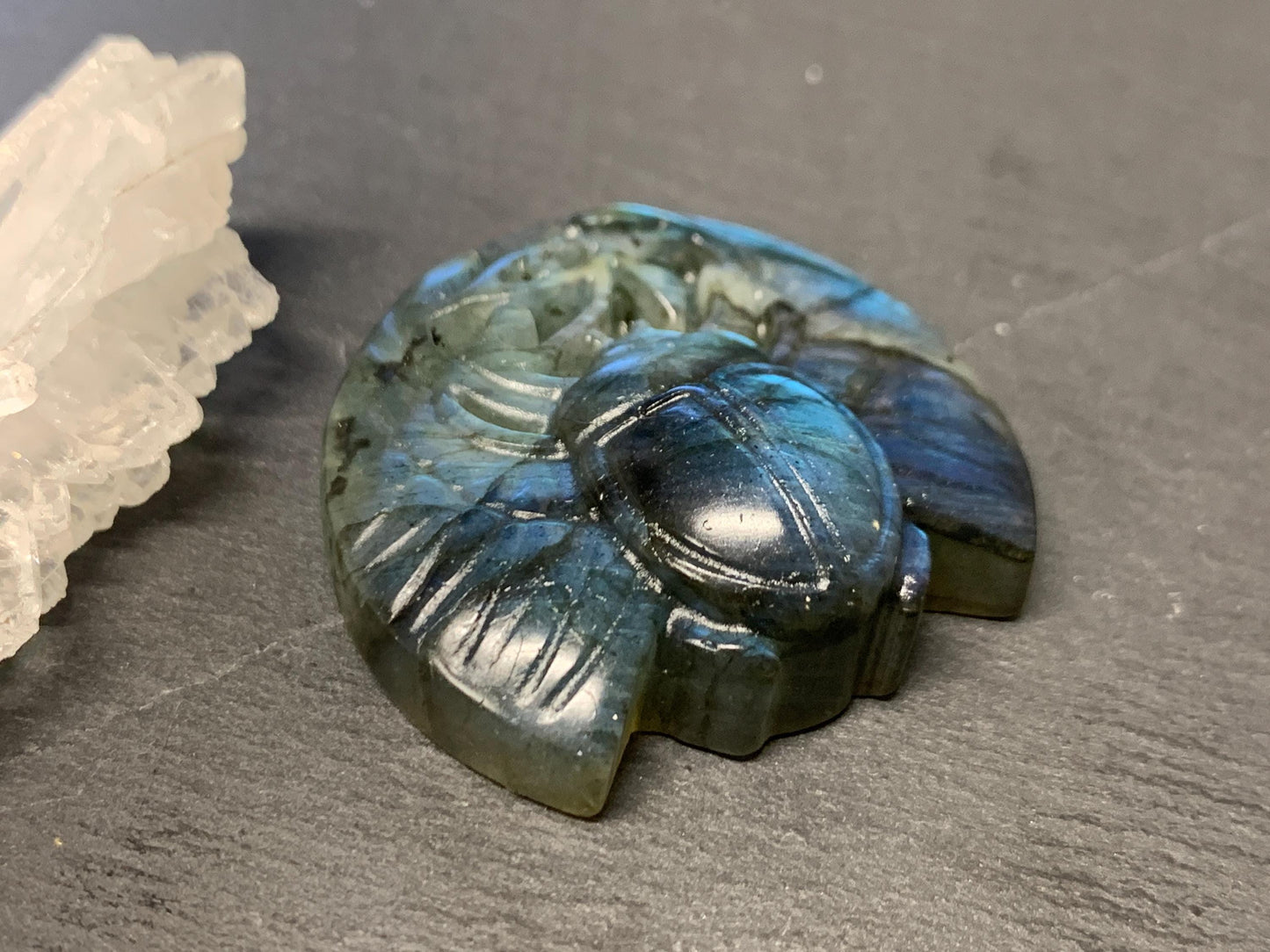 Labradorite Scarab Carving: Ancient Egyptian Eye of Horus Symbol of Protection (34x30mm)