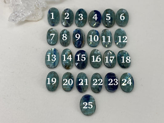 Discounted faceted Emerald Green Kyanite 13mm long cabochon