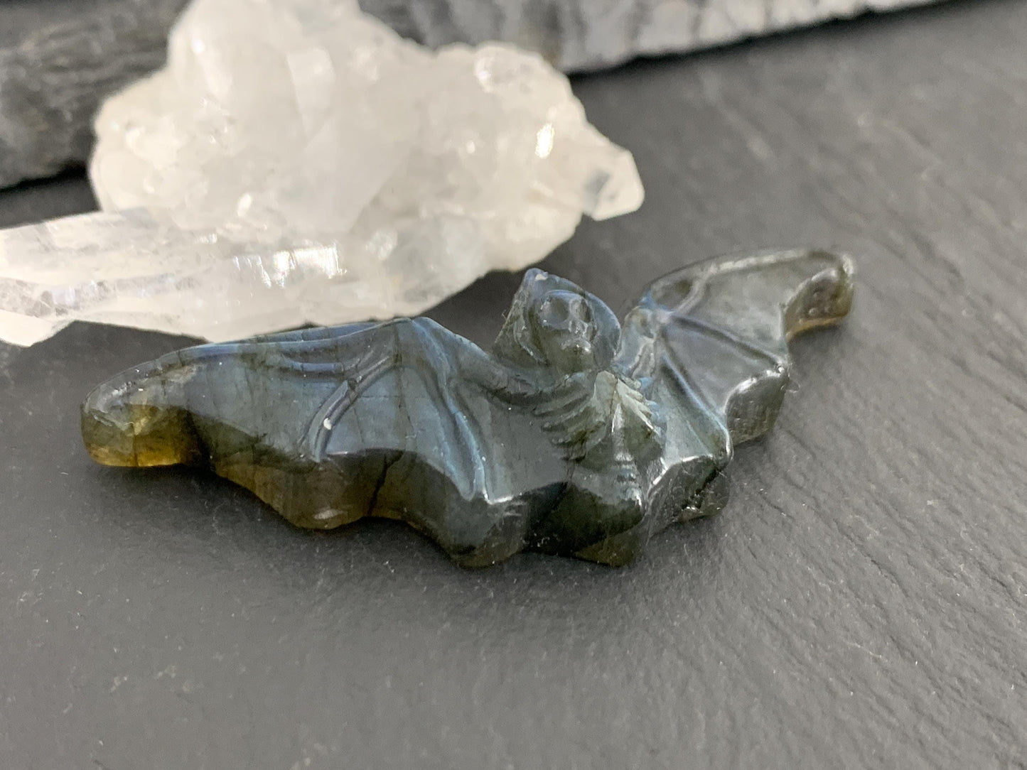 Labradorite skeleton bat 19x48mm flat back carving