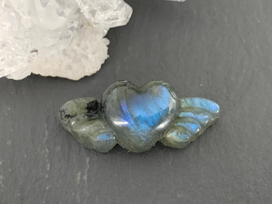 Labradorite Heart with Wings 25x10mm. Hand Carved Gemstone
