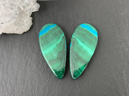 Malachite Chrysocolla pear 11x23x3.5mm cabochon pair