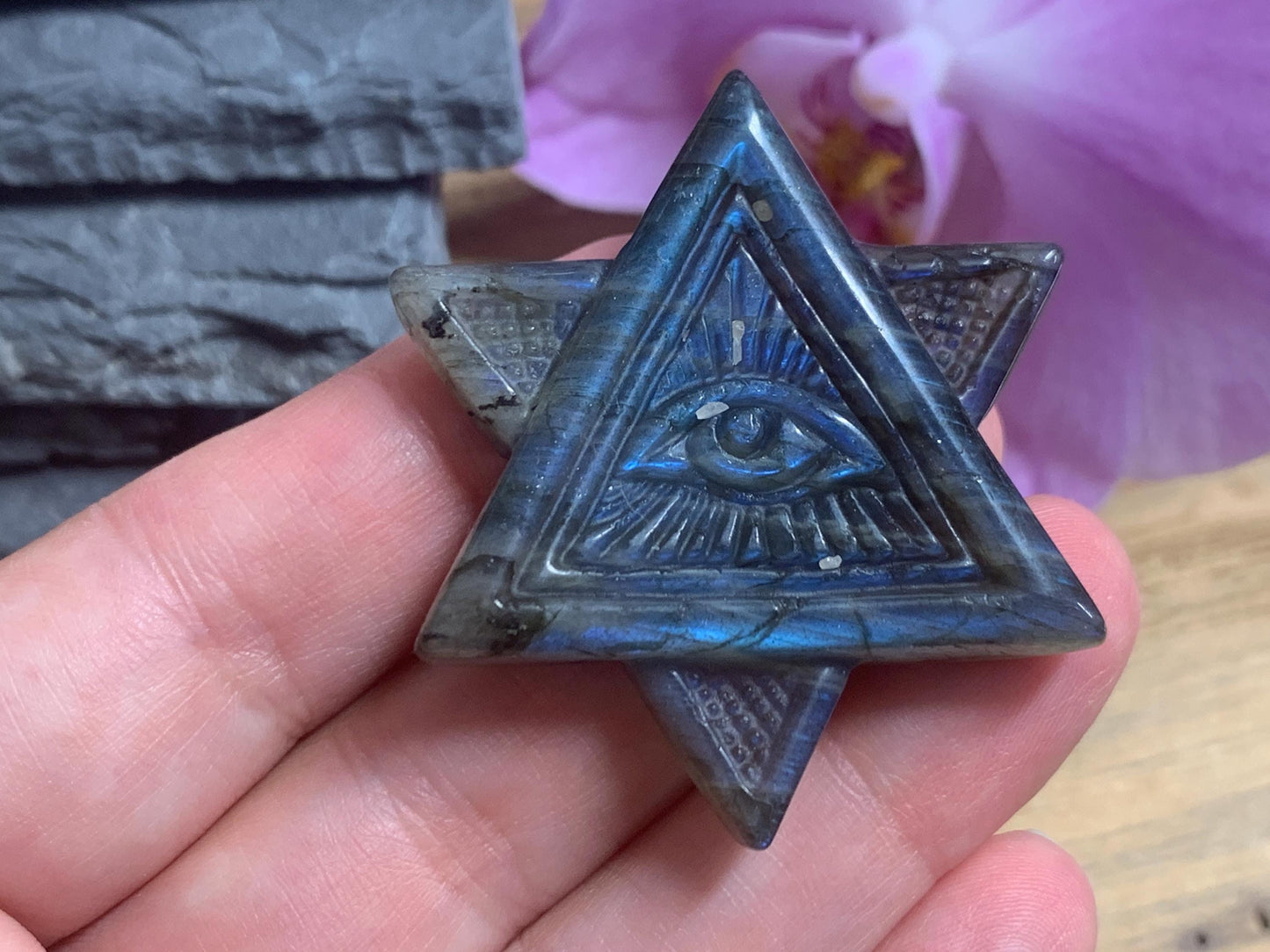 Labradorite All Seeing Eye 46x41 mm Carving. Hand Carved Labradorite Merkaba Star