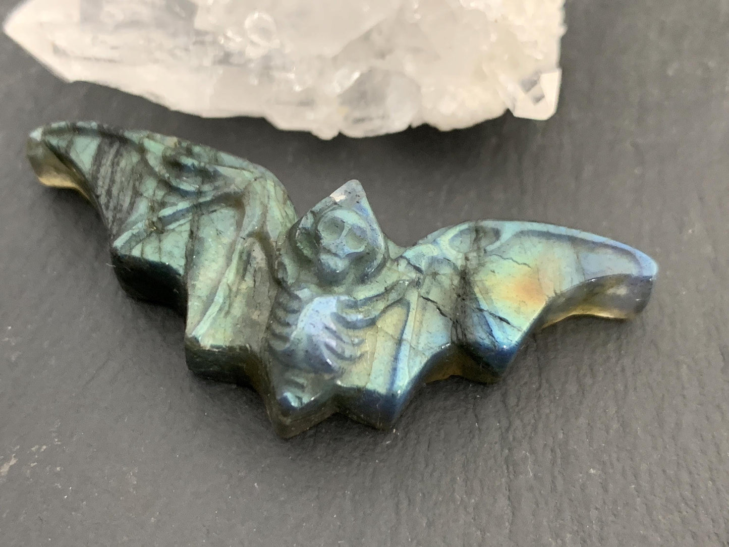 Labradorite skeleton bat 18x48mm flat back carving