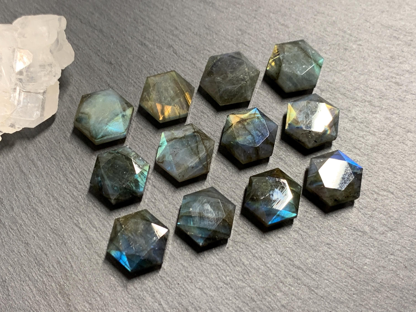 Labradorite hexagon 18mm faceted from both sides - not a cabochon