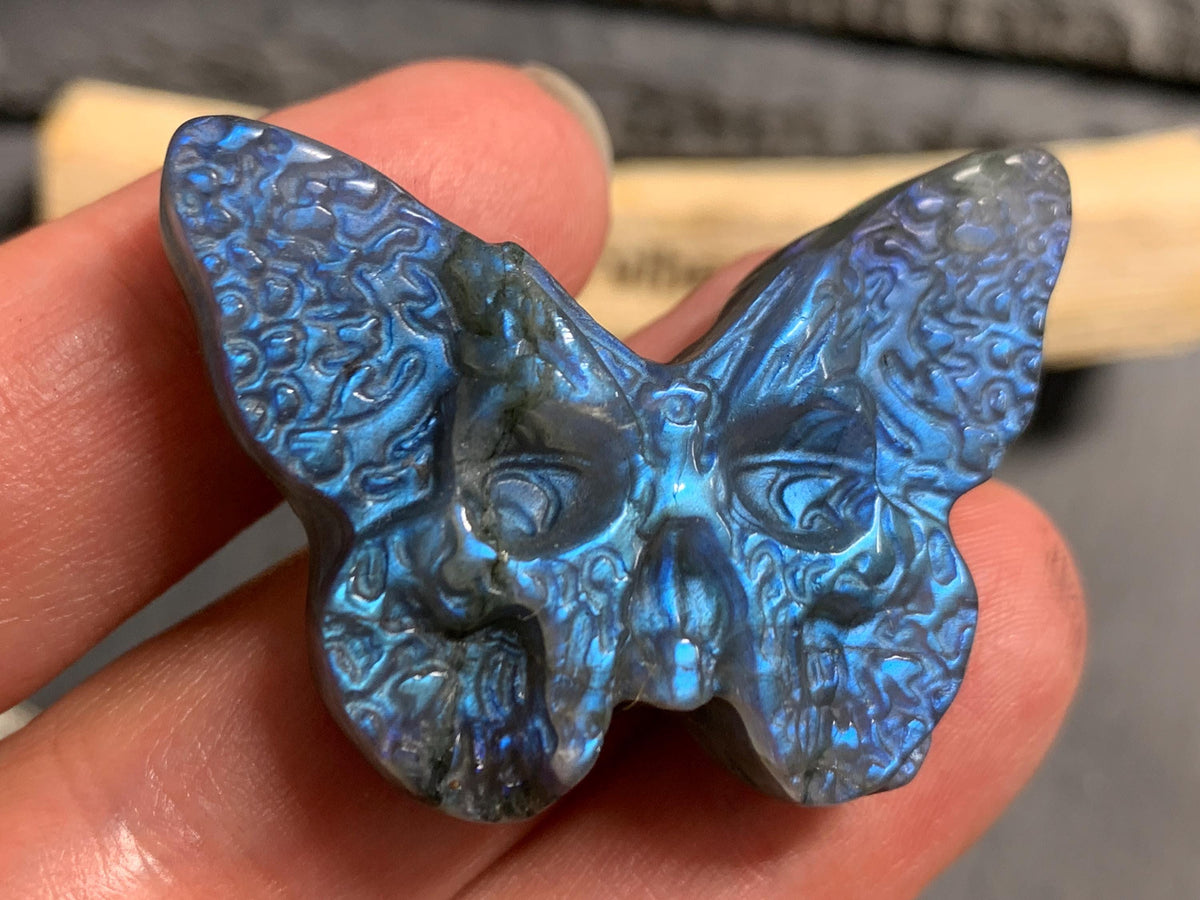 Labradorite Ghost Face Butterfly 40x28mm Flat Back Carving, Natural Labradorite, Handcrafted Crystal Jewelry