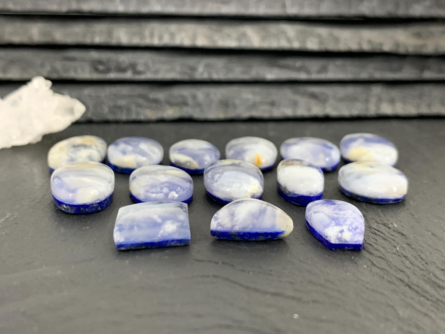 Lapis Lazuli with Plume Agate Doublet 12-21mm long cabochon - Select your piece