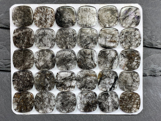 Flat Black Rutilated Quartz square cushion 12mm cabochon - calibrated cabochons