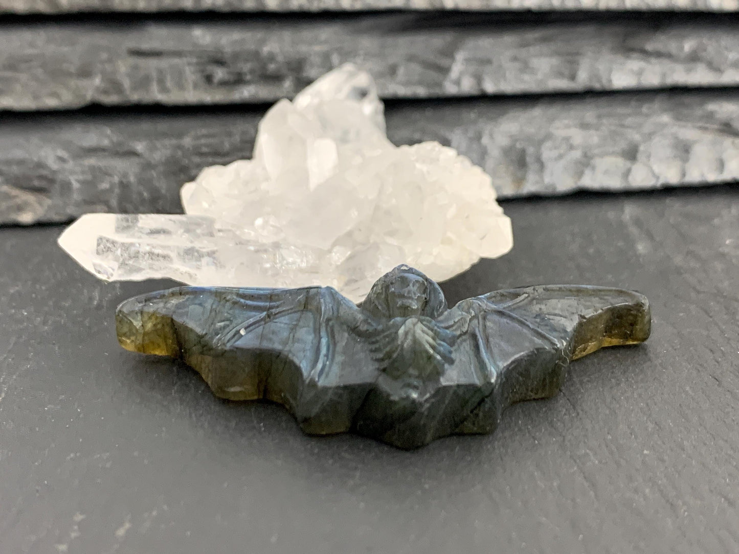 Labradorite skeleton bat 19x48mm flat back carving