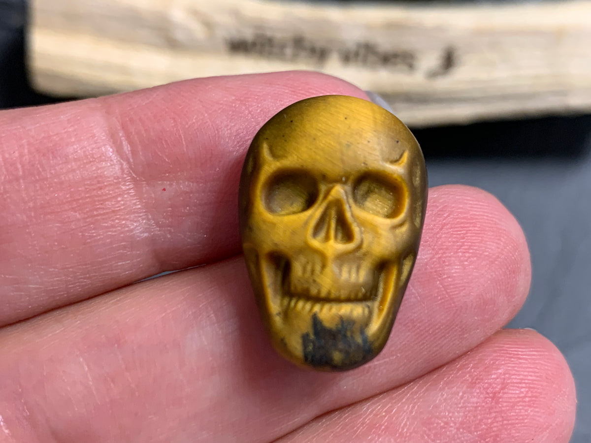 Natural Tiger Eye Skull Cabochon – Polished Carved Gemstone Skull for Jewelry Making