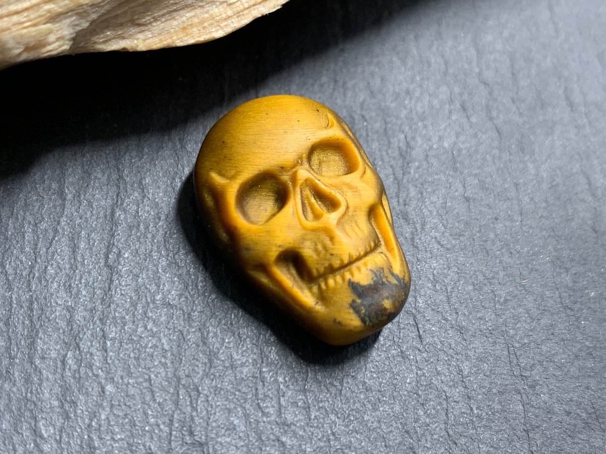 Natural Tiger Eye Skull Cabochon – Polished Carved Gemstone Skull for Jewelry Making