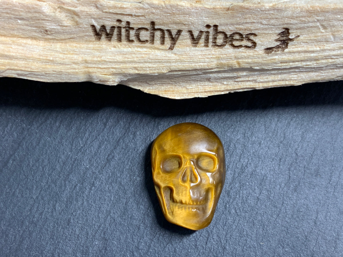 Natural Tiger Eye Skull Cabochon 15x21mm – Polished Carved Gemstone Skull for Jewelry Making