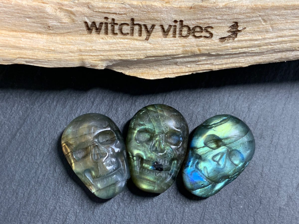 Labradorite Skull Carving 21-22mm long Blue-Green Flash Crystal Skull, Witchy Jewelry