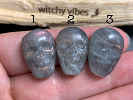 Labradorite Skull Carving 21-22mm, Pink- Purple Flash Crystal Skull, Gothic Crystal Decor, Witchy Home Decor