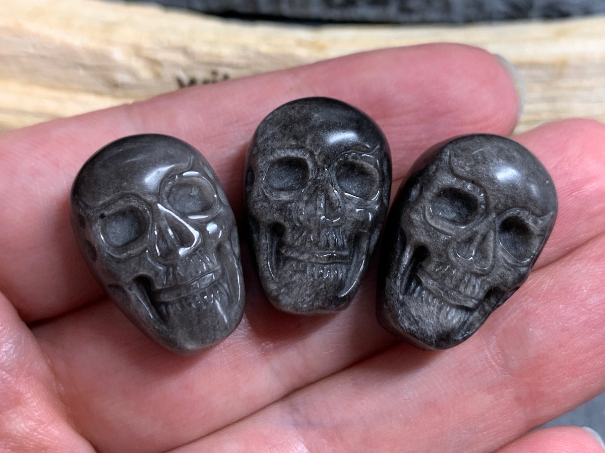 Silver Obsidian Skull Carving 22mm long,  Witchy Jewelry