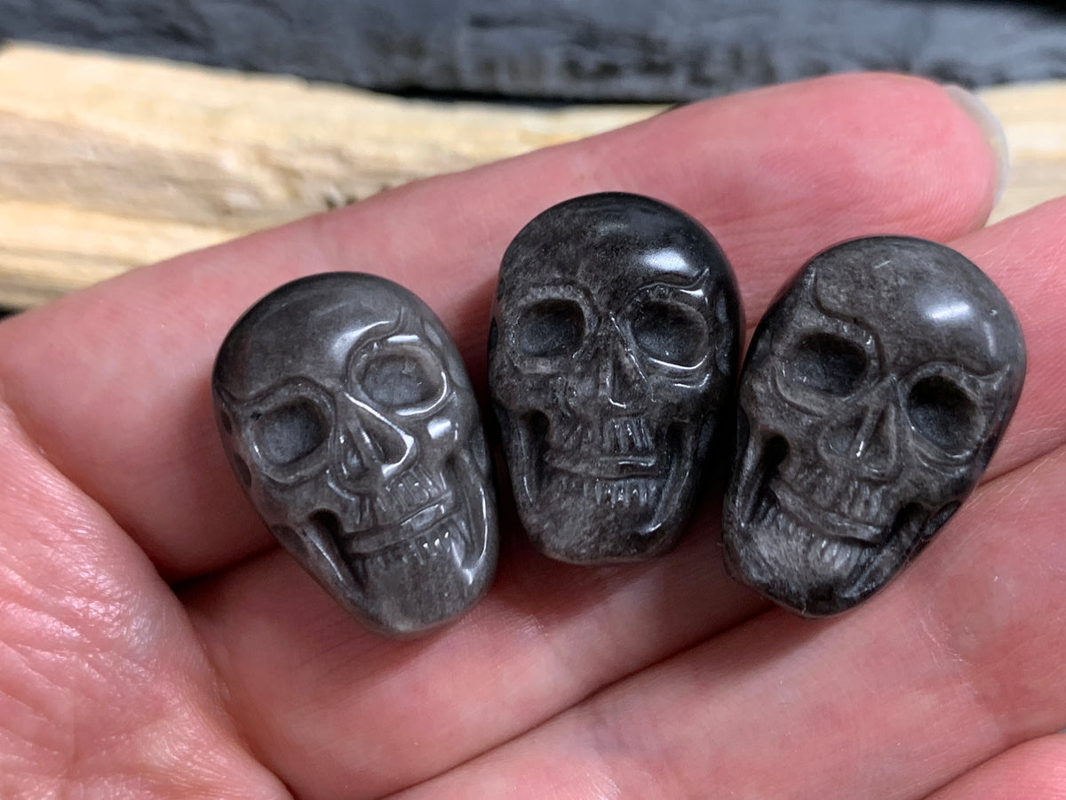 Silver Obsidian Skull Carving 22mm long,  Witchy Jewelry