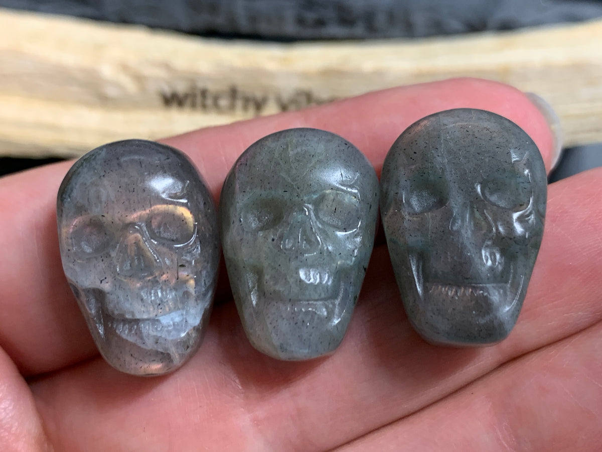 Labradorite Skull Carving 22mm, Pink Flash Crystal Skull, Gothic Crystal Decor
