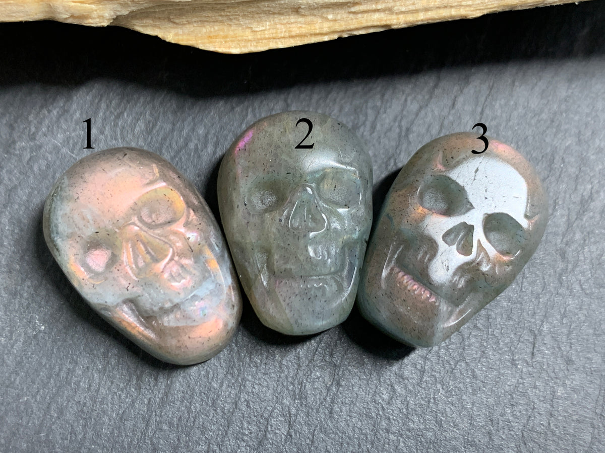 Labradorite Skull Carving 22mm, Pink Flash Crystal Skull, Gothic Crystal Decor