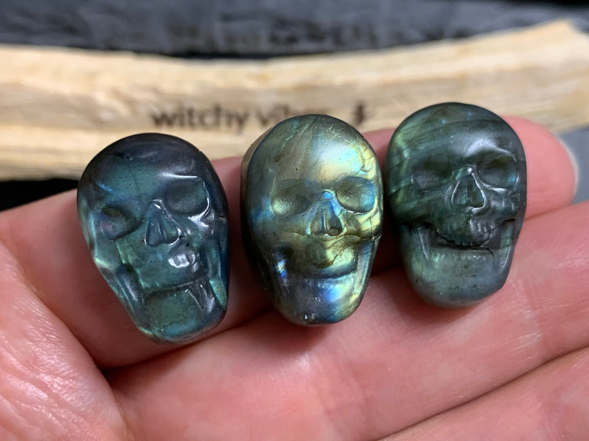 Labradorite Skull Carving 22mm long Blue-Green Flash Crystal Skull, Witchy Jewelry